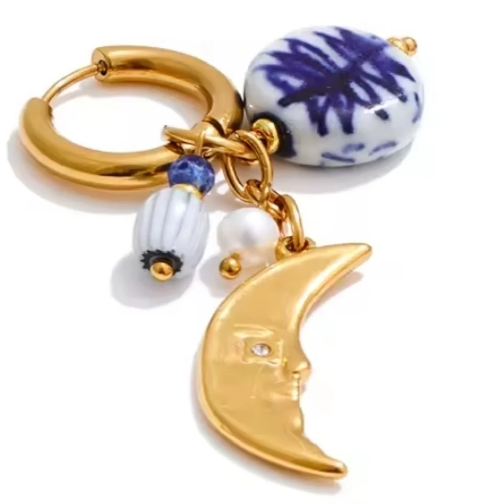 Gold Moon Blue Ceramic Charm Huggie Hoop Earrings | NWOT